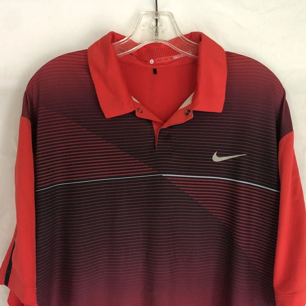 Nike Polo Shirt Mens Large Red Ombre Stripe Dri-FIT Tiger Woods Collection Golf